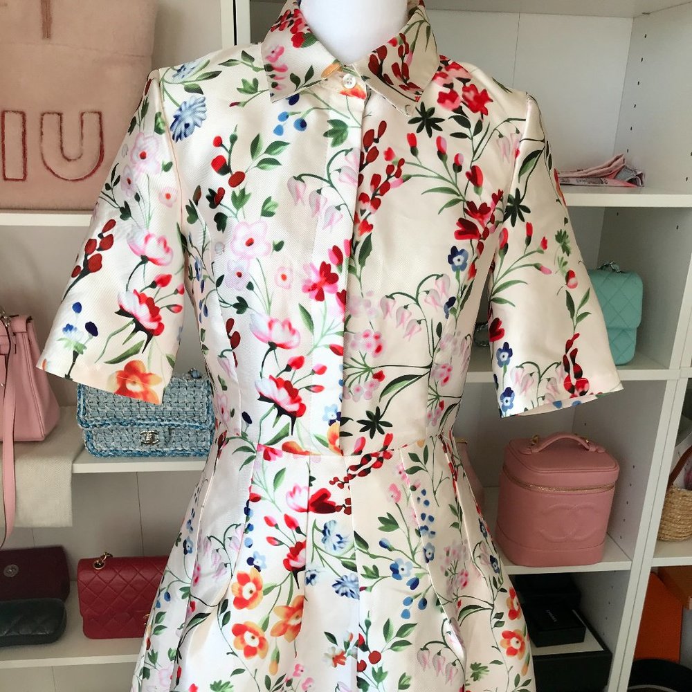 Floral Print Satin Short Sleeve Pleated Dress